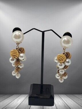 Glamorous Pearl Cascade Gold Beaded Statement Clip On Earrings 3"